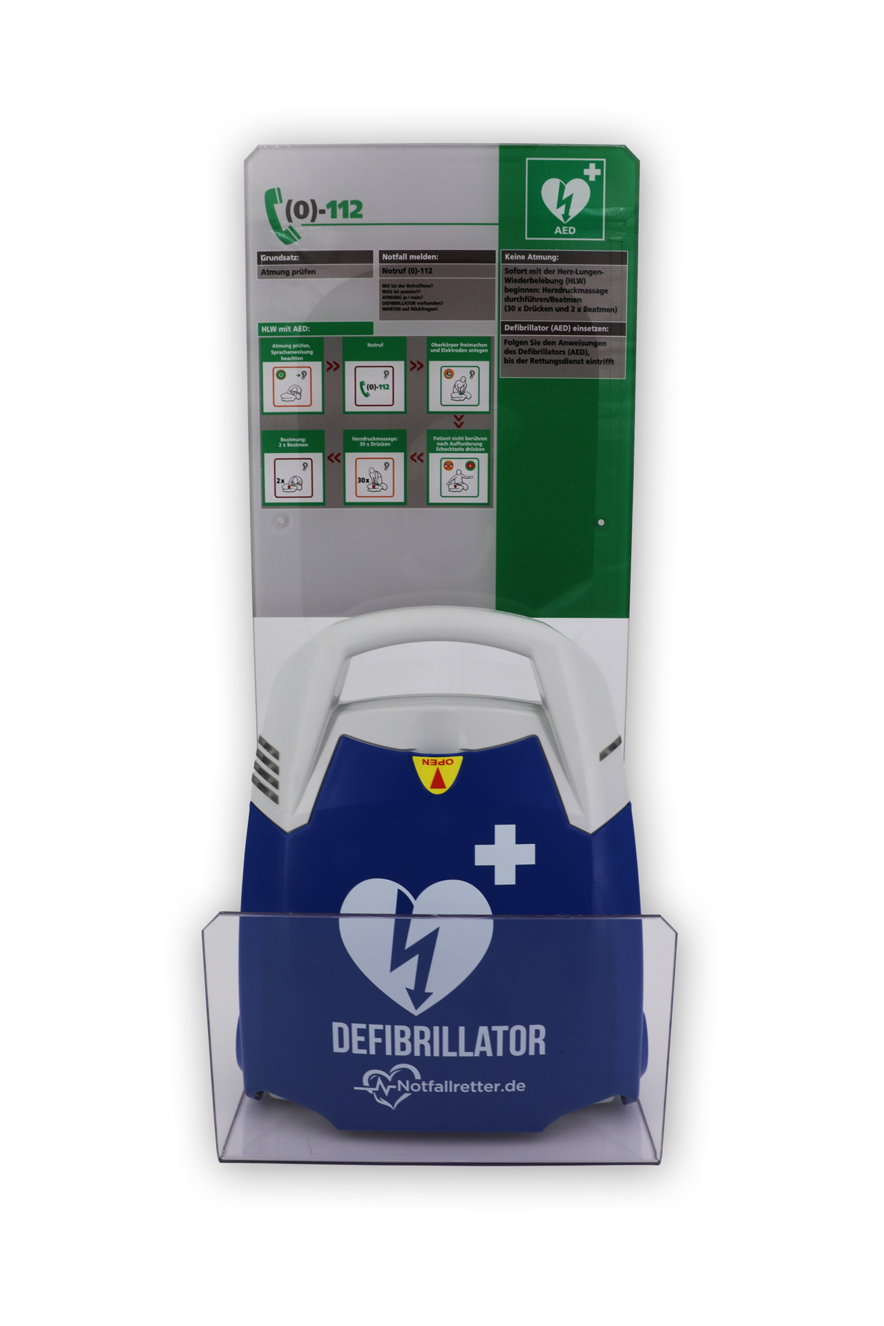 Design-Acrylglaswinkel mit Erste-Hilfe-Tafel (DGUV) für alle Defibrillator Marken