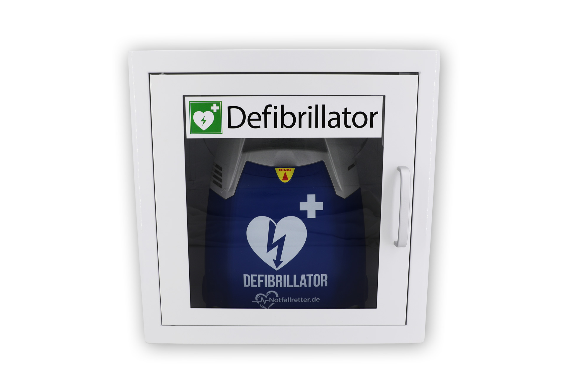 Metall-Wandschrank ohne Alarm für Defibrillator AED mit Kunststoffschauglas und Alugriff